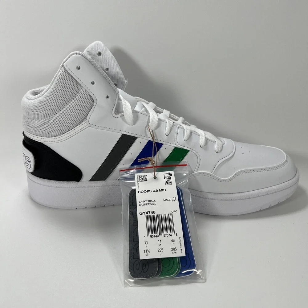 NEW adidas Men's 11.5 Hoops 3.0 Mid Basketball Shoe White/Green/Team Royal Blue - Picture 12 of 16